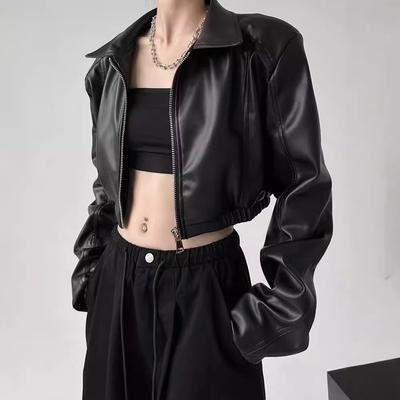 Amerikanische Retro-Langarm-Revers-Lederjacke für Damen im Frühling und Herbst, süße coole Mädchen-Motorradjacke, kurzes Oberteil