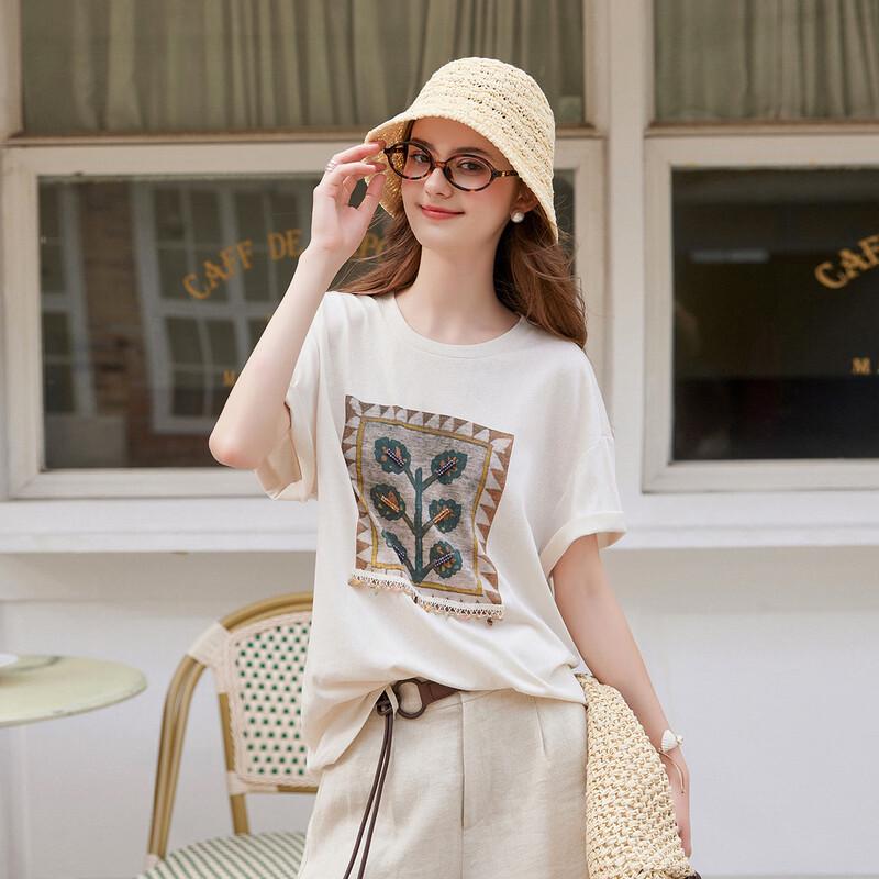 Women s Floral Beaded Round Neck Knit T-Shirt L