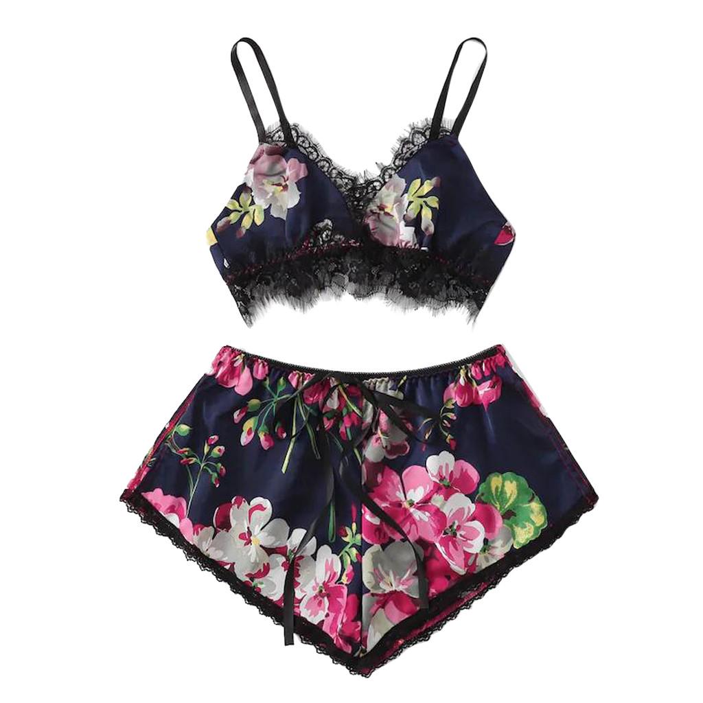 Fashion Sexy Lace Satin Trim Floral Bow Lingerie Set Pajamas Babydoll Sleepwear