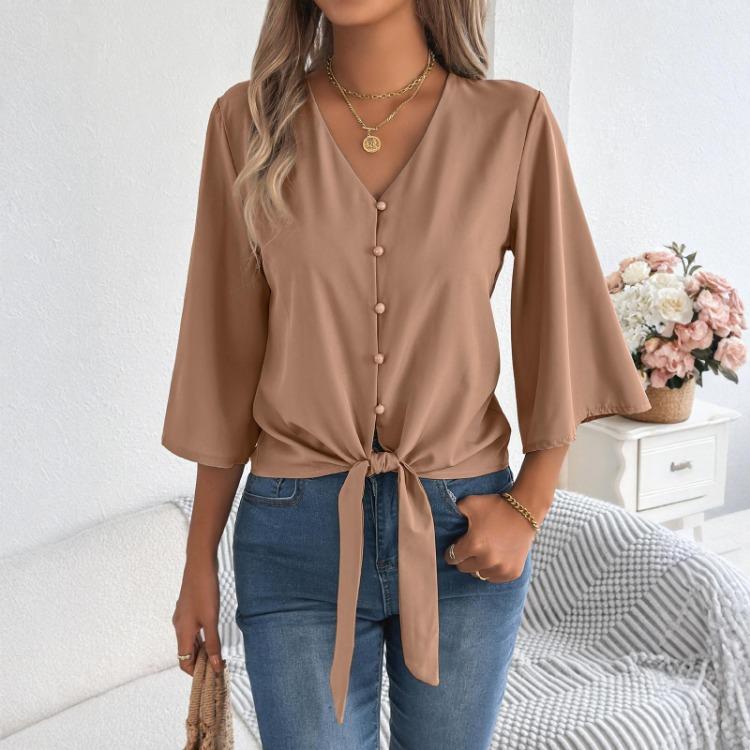 V Neck Chiffon Blouse Women Casual Button Down Three Quarter Sleeve with Knot Detail S хаки