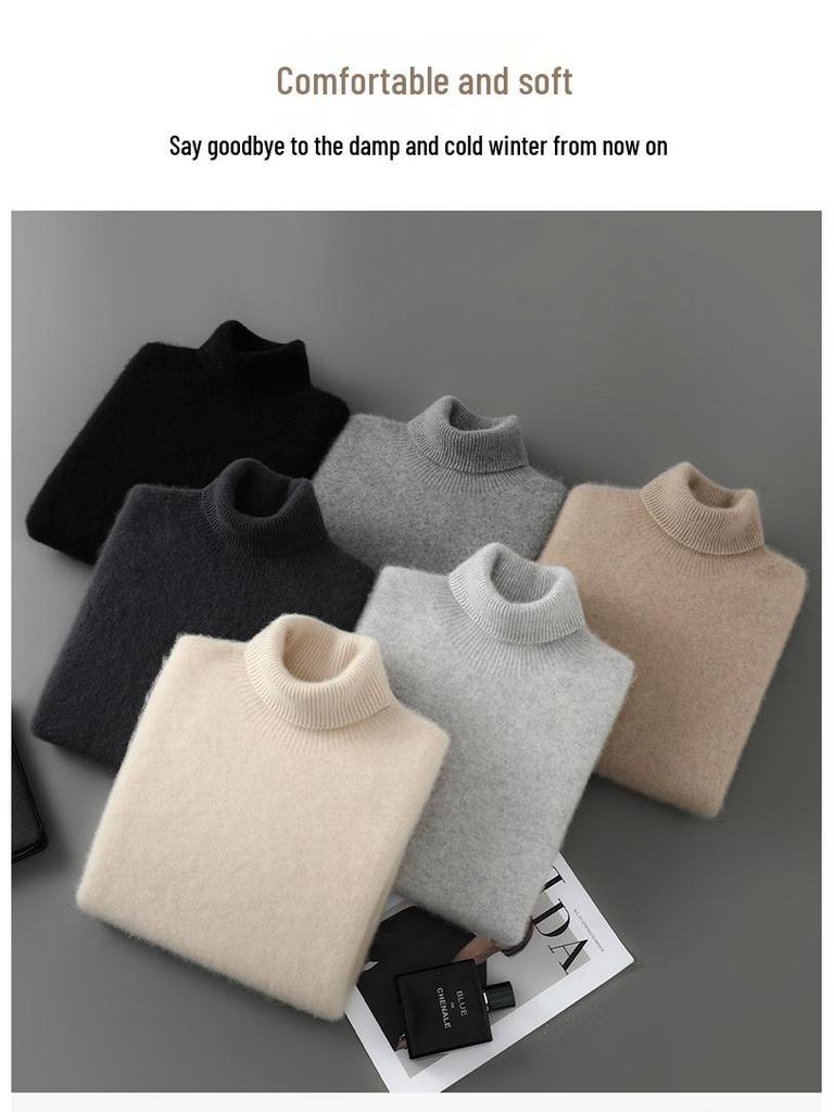 Men's High Neck Pure Wool Pullover Thickened Sweater - Autumn/Winter Loose Knit Base Layer