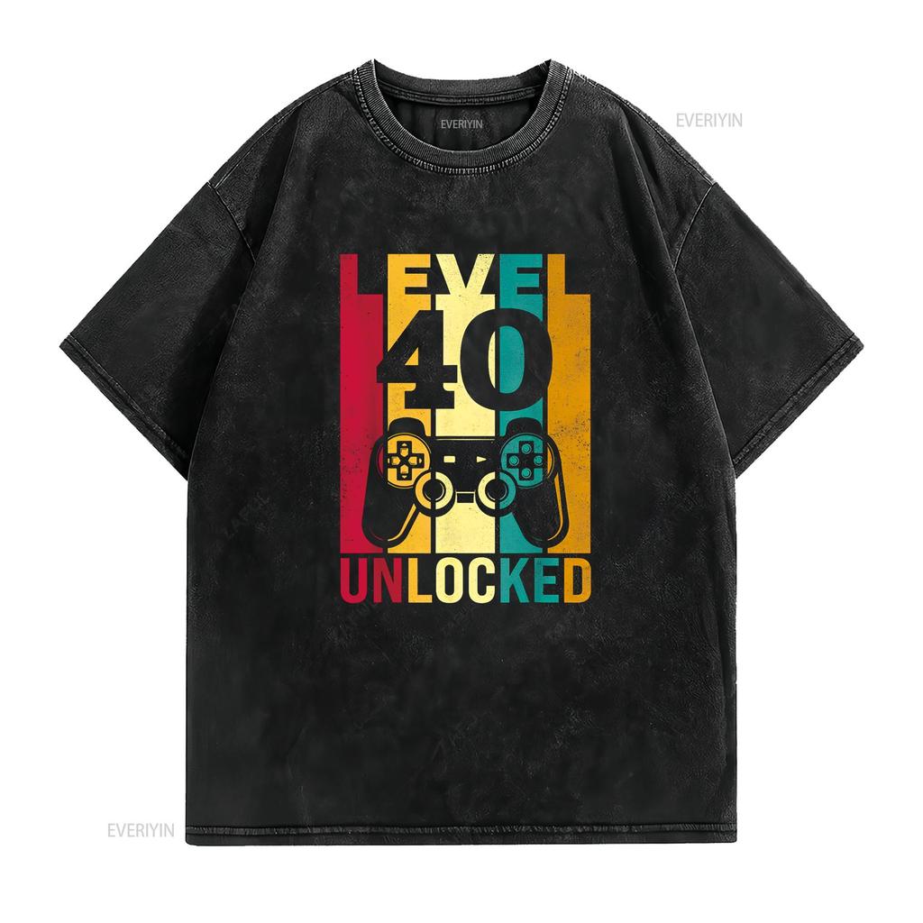 Funny Level 40 Unlocked Him Men BDay Turning 40th Birthday T Shirt vintage Washed Stylish fashion Unisex Comfortable homme