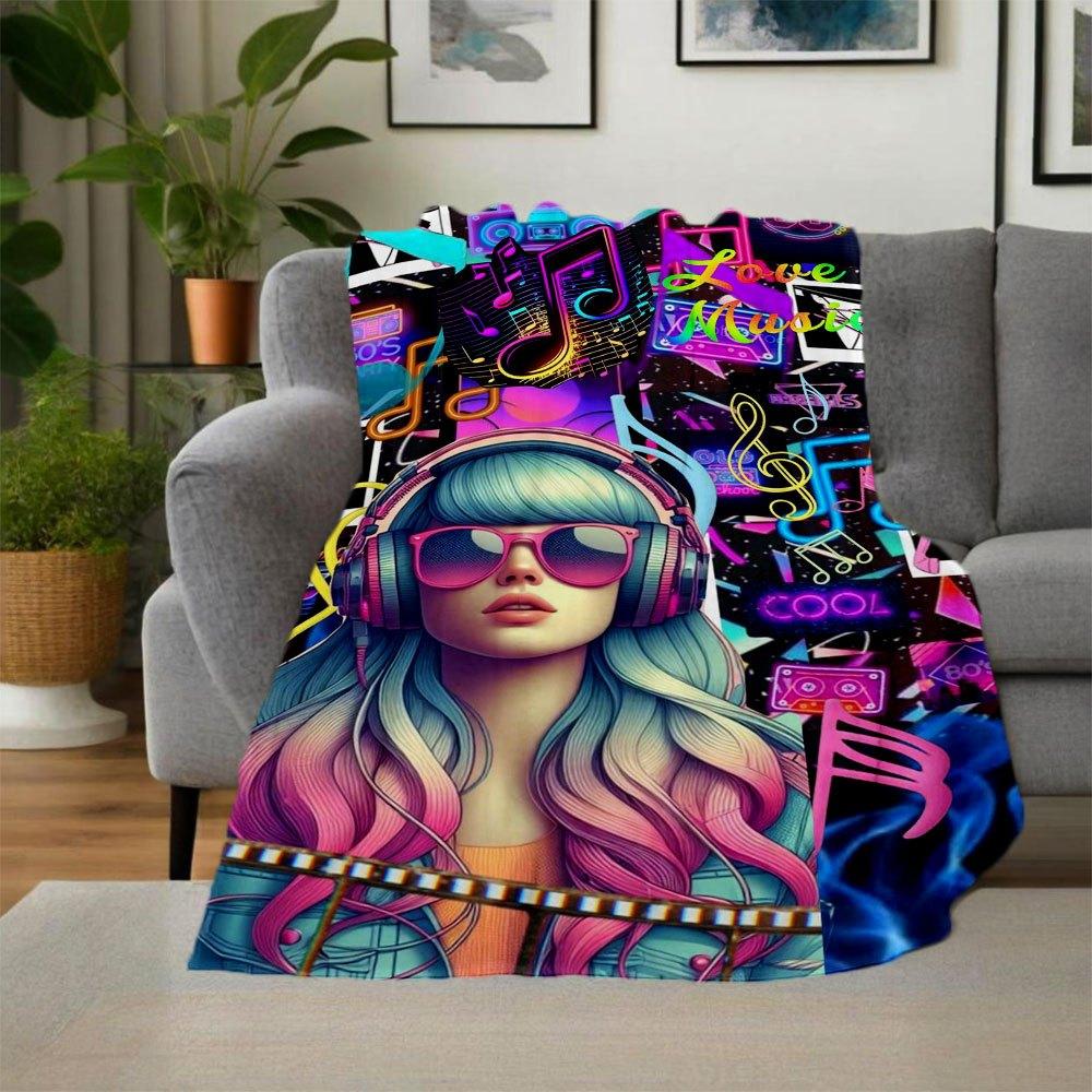 "80er Jahre Neon Musikfestival Kopfhörer Damen Hoodie" Decke Flanell Überwurfdecke für Sofa, Bett, Reisen, Camping, Büro