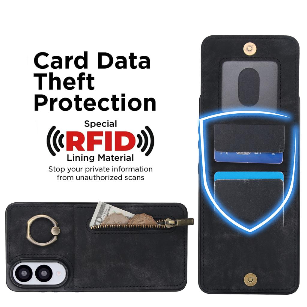 For Samsung Galaxy S25 Edge Case Zipper RFID Blocking Retro Leather+TPU Phone Cover with Kickstand