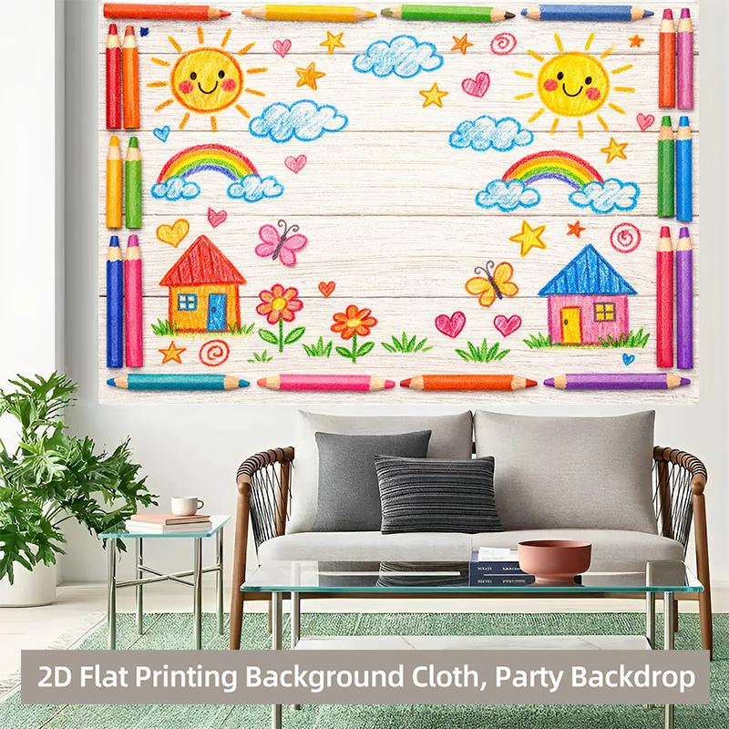 1 piece of 2D flat banner colorful pencil drawing showcasing joyful elements polyester background fabric party banner