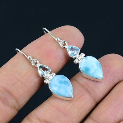 Orecchini in pietra preziosa larimar naturale e topazio blu, argento sterling 925, orecchini pendenti, gioielli orecchini fatti a mano, regalo per Pasqua