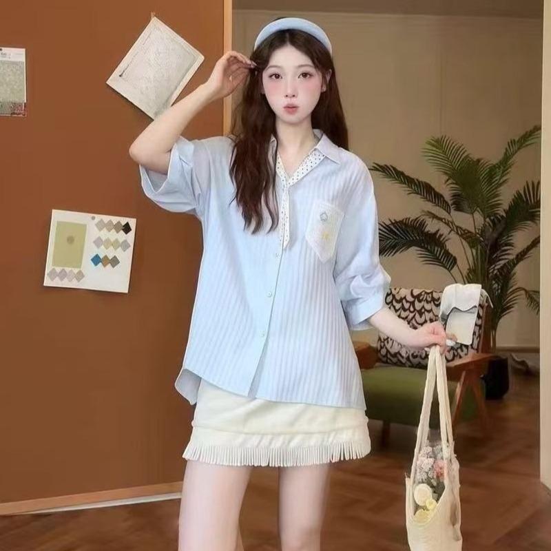 Ladies Blue Striped Shirt Female Lace Patchwork V-neck Short Sleeved Blouses Summer New Korean Loose Versatile Top M синий