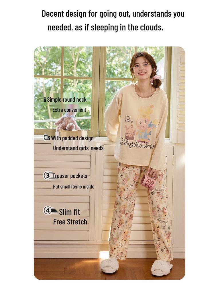 Women's Cartoon Pajama Set with Chest Pads - Long Sleeve & Pants for Spring & Autumn, Wear Indoors or Out