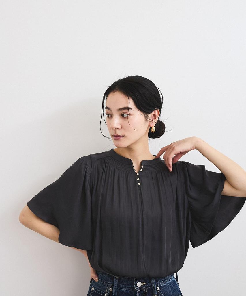 Charcoal [BIS] Women's 2-Way Split-Fiber Half-Sleeve Blouse,