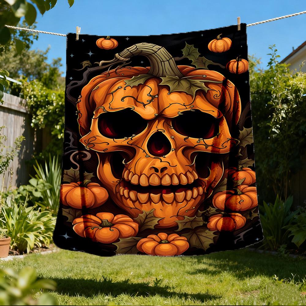 1pc Pumpkin Skull Throw Blanket Polyester Fiber, Lightweight Flannel, Soft & Warm, All Season Use for Outdoor, Camping Digital Print
