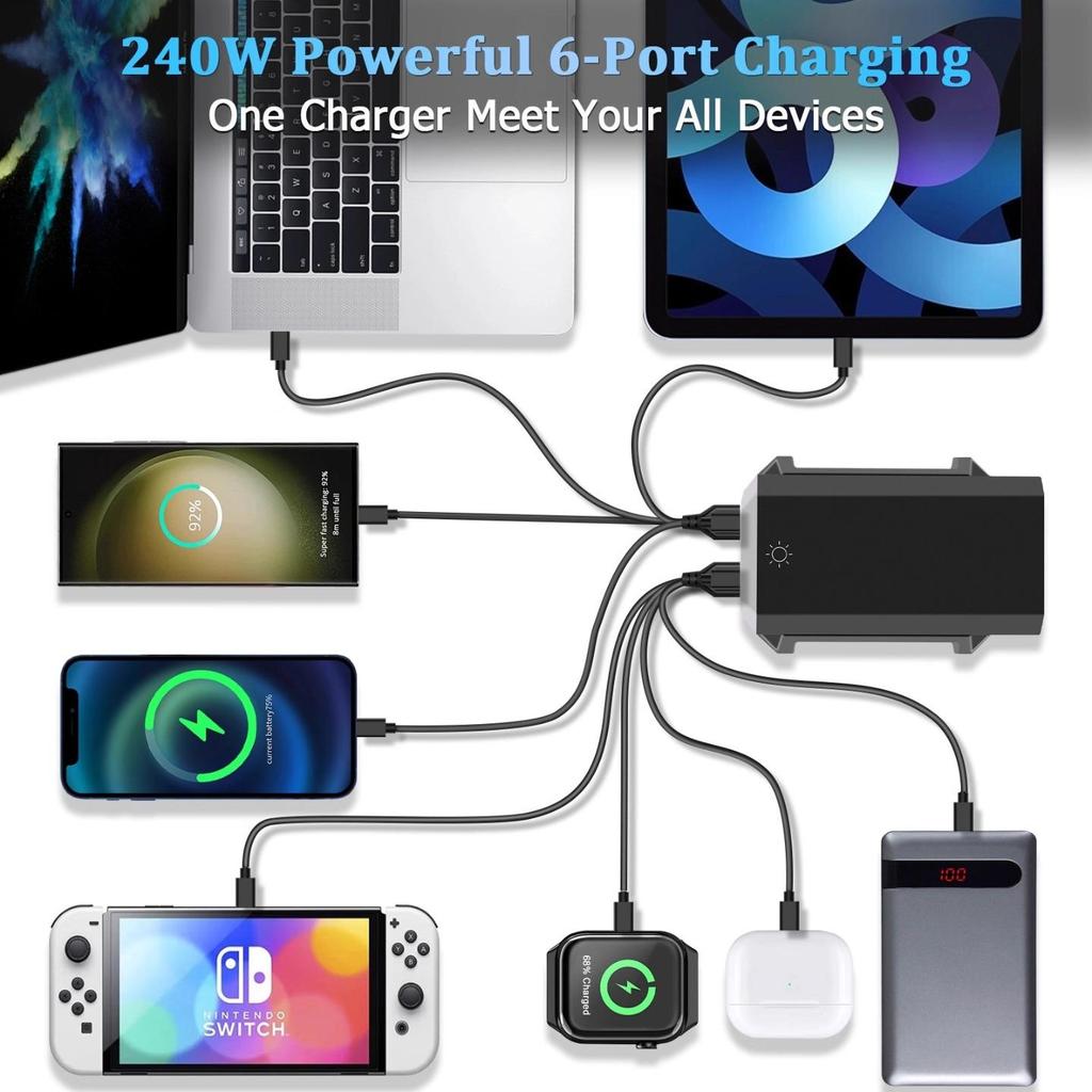 240W GaN Multi-Port Fast Charging Station with 2A USB-C for Laptops.