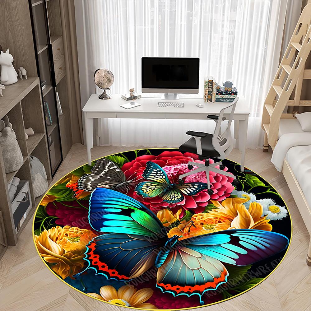 1pc Butterfly Garden Decor Chair Carpet for Office, Round Polyester Mat, Indoor Decor for Office, Easycare Fabric, Washable Non-slip Area Carpet