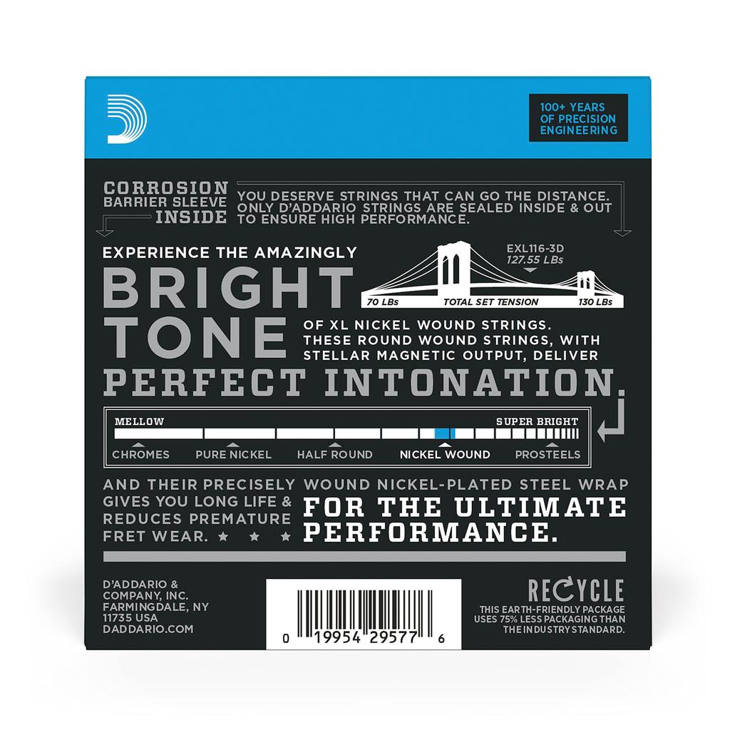 Electric Guitar XL Medium D'Addario Strings, Nickel, .011-.052, Top/Heavy Bottom, 3-Pack, EXL116-3D