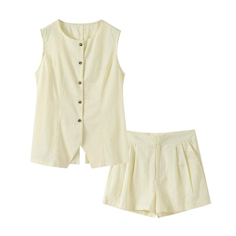 

Жилет шорты комплекты женские повседневные без рукавов однобортный жилет 2 шт костюмы тонкий женский наряд уличная одежда пригородный комплект S жёлтый