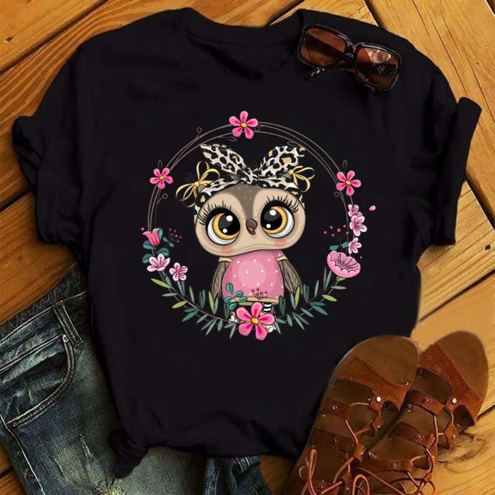 Cartoon Owl Printed T-shirt Women's Pattern Shirt Casual Short Sleeve Black Women's T-shirt O-neck Harajuku T-shirt