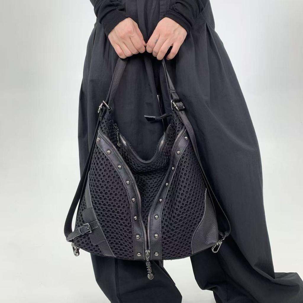 Ladies' Fashion Mesh Splicing Y2K Street Shoulder Bag Large Capacity Multi Functional Riveted Shoulder Bag