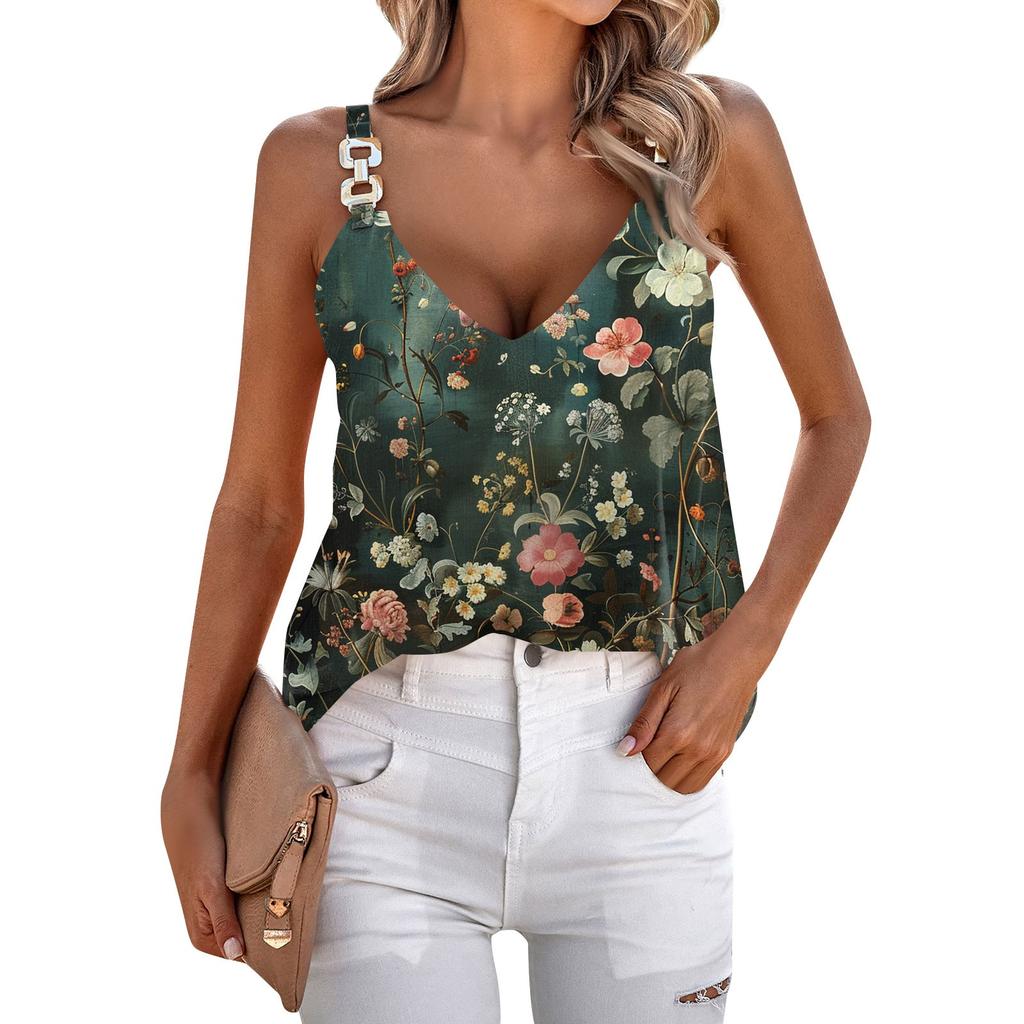 Womens Summer Tank Tops Strap Casual Loose Fit V Neck Sleeveless Print Tops