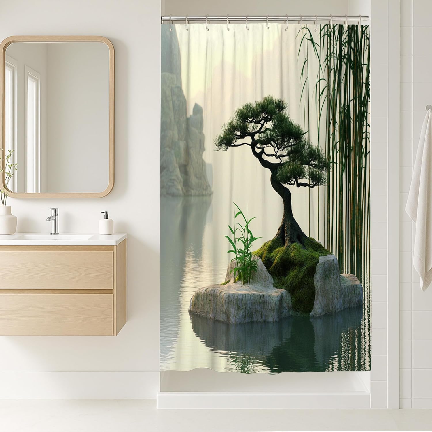 

Zen Garden Shower Curtain, Green Bonsai Water Landscape Bathroom Decor, Serene Tranquil Modern Waterproof Fabric Shower Curtain 90x180CM