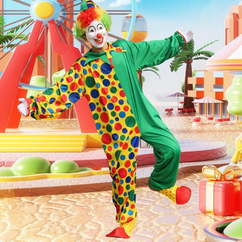 2Pieces Adult Clown Costume with Clown Hat and Clown Jumpsuits for Cosplay Halloween Party Stage Performances