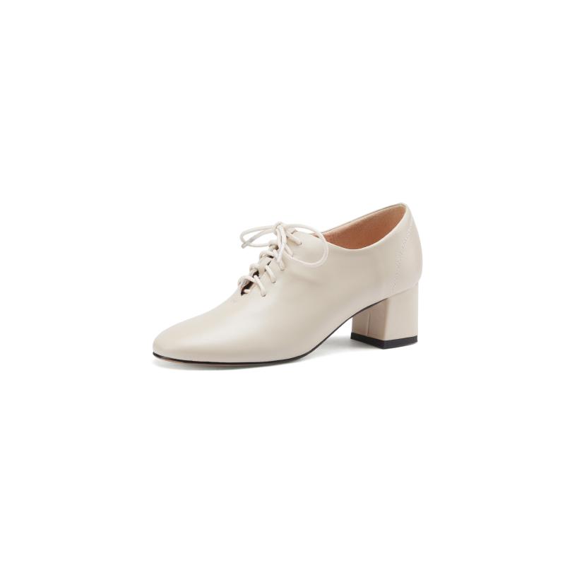 Mature Dress Women Pumps Fashion Office Ladies Thick Heels Round Toe Genuine Leather Lace-Up Shoes Woman 2024 New Spring Autumn