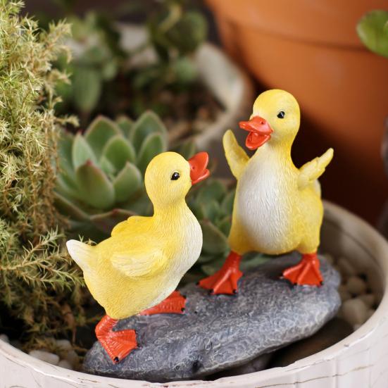 2 Pcs Little Yellow Duck Resin Cartoon Duck Figurine Realistic Small Garden Statue for Outdoor Patio