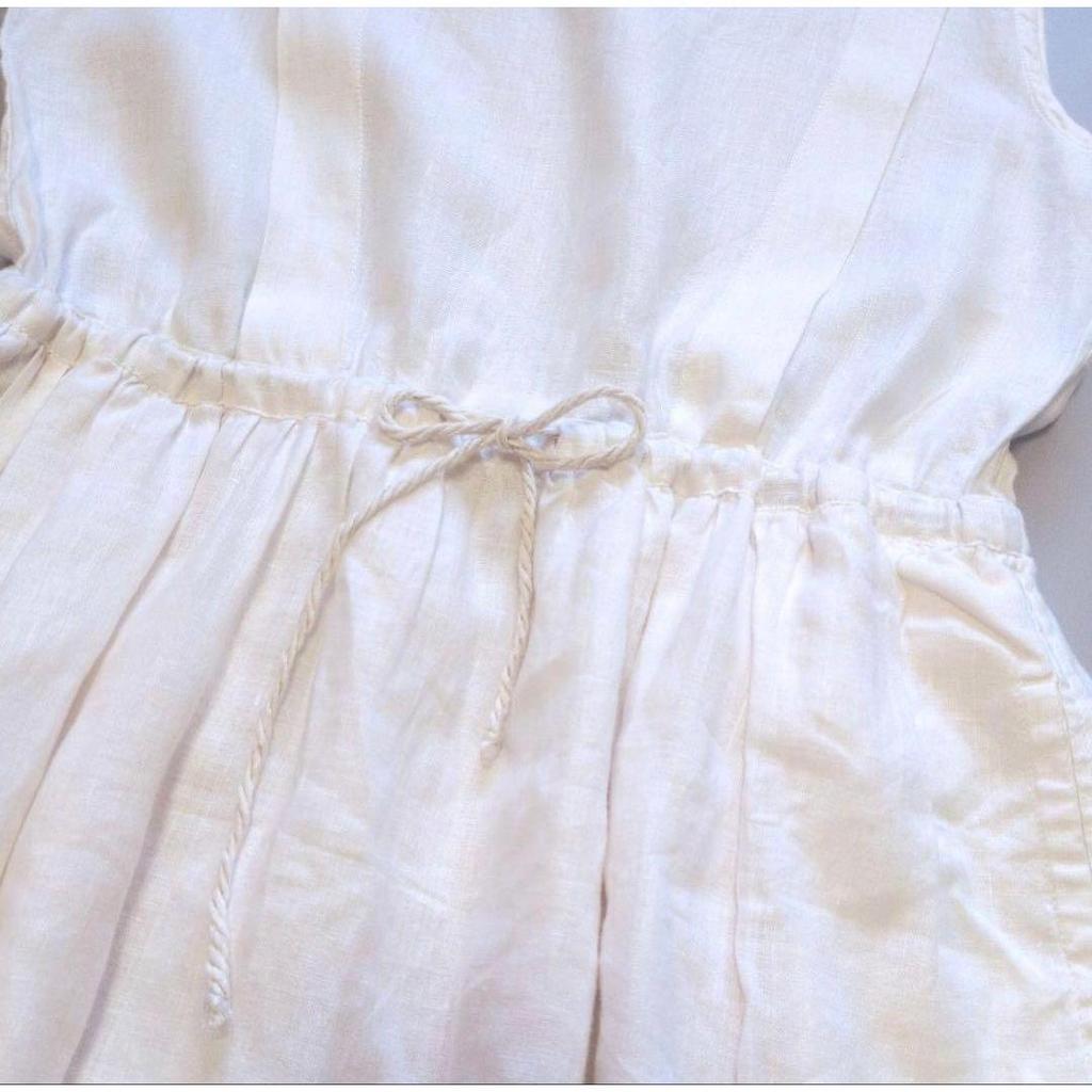 Used PAR ICI 100% Linen Tucked Sleeveless Dress Gathered White