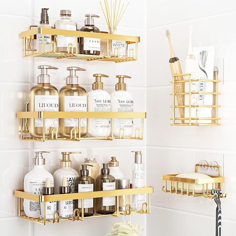 5 Pack Shower Caddy Organizer Rack Shelf for Inside Shower, Adhesive Bathroom Wall Storage Basket Rustproof Stainless Steel Shampoo Holder, Girly
