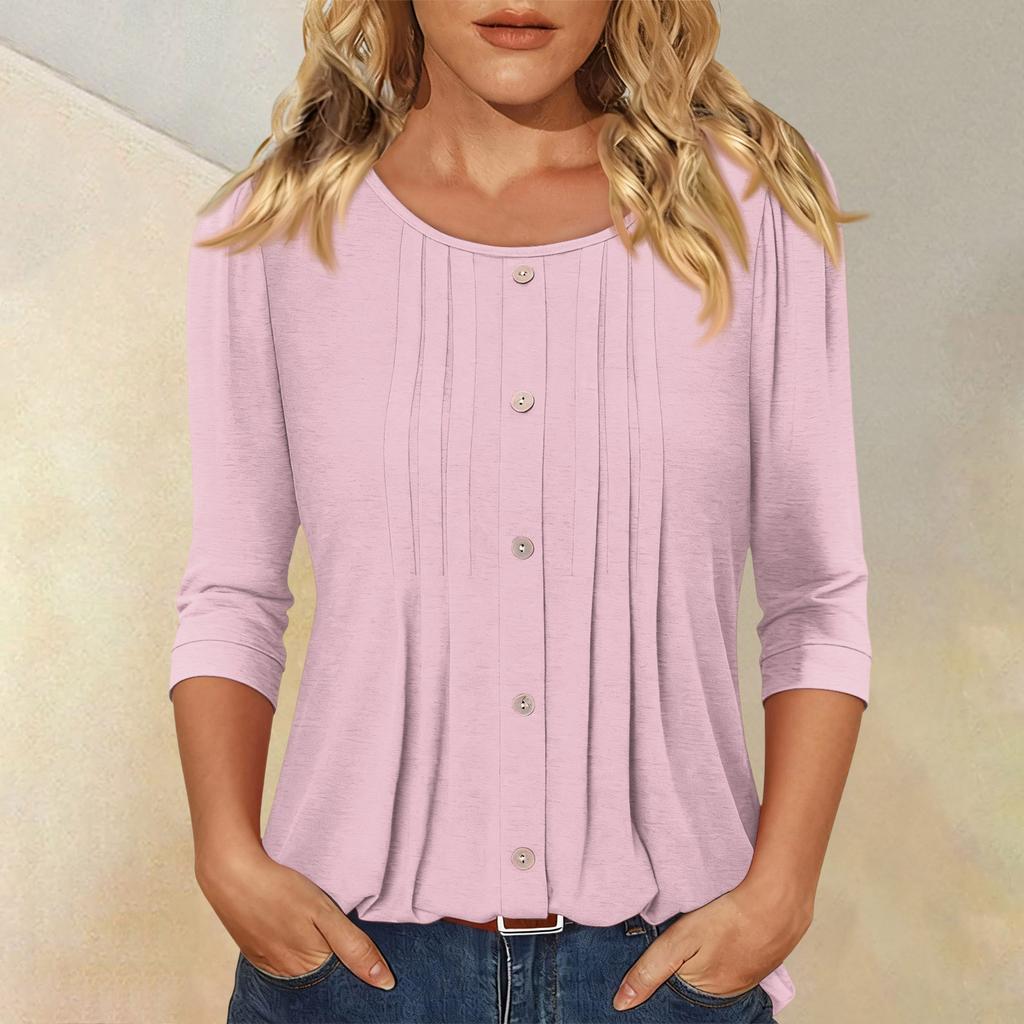 Women's Fashionable Casual Three,quarter Sleeve Button Color Round Neck Top
