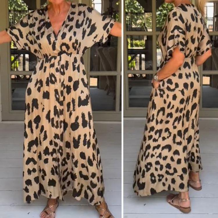 Leopard Print Women Maxi Dress V Neck Single Breasted Contrast Color Pockets Tight Waist Loose Ankle Length Soft Split Hem Lady Dress