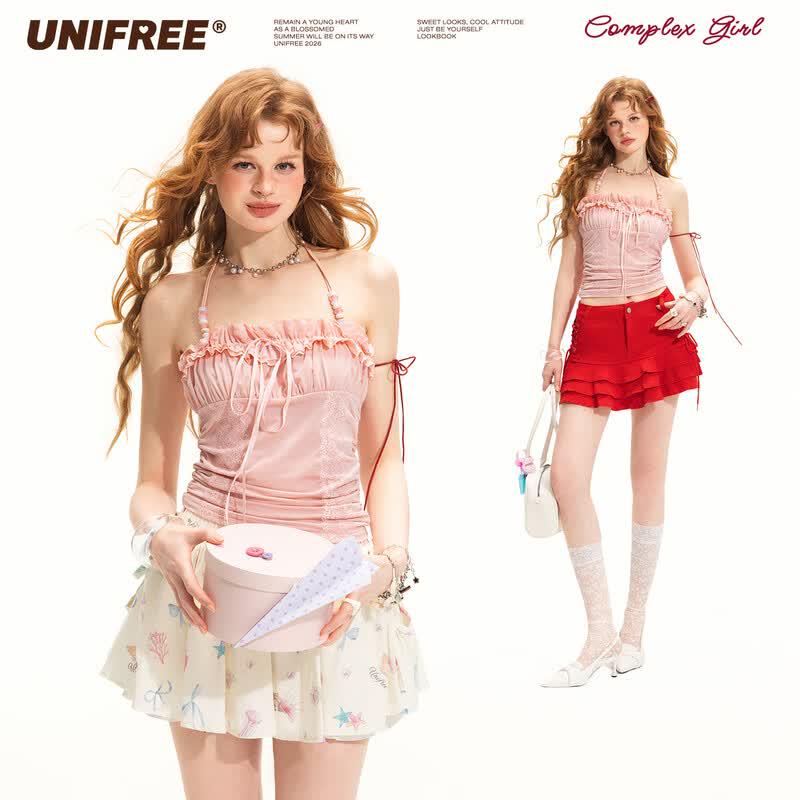 UNIFREE Double Layer Ruffle Bandeau Camisole Top S