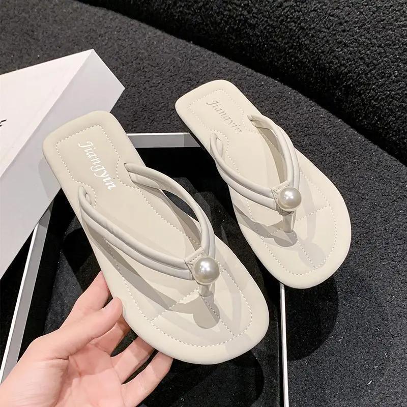Perlen-Clip-Zehensandalen Damen Sommerbekleidung Flachboden Weichsohle Tourismus Küste Strand Hausschuhe 2025 neue Sandalen