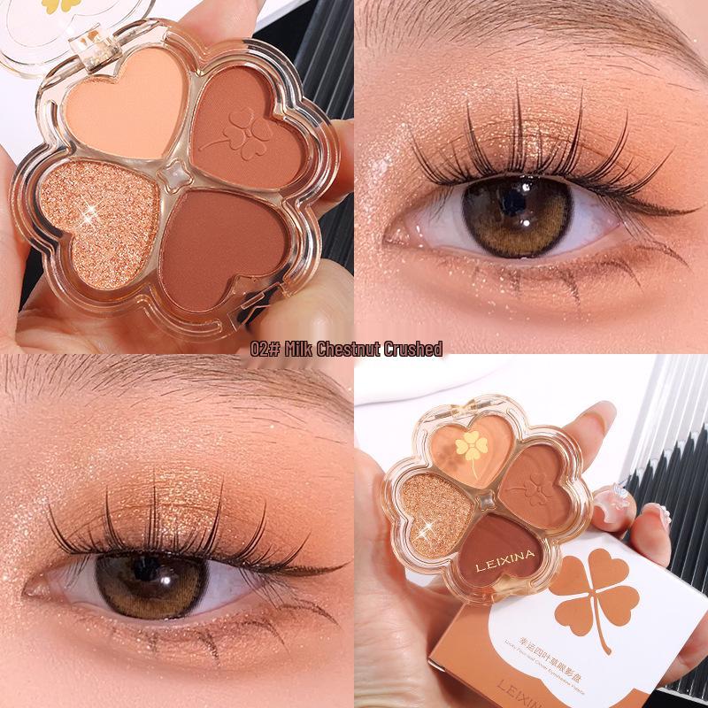 Four-Leaf Eyeshadow Palette: Shimmer, Pearl, Matte Earth Tones for Daily Student Makeup, 4 Colors