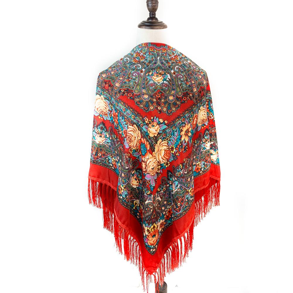 130*130cm Russian National Square Scarf Women Luxury Floral Print Fringed Ukrainian Shawl Babushka Handkerchief Head Wraps