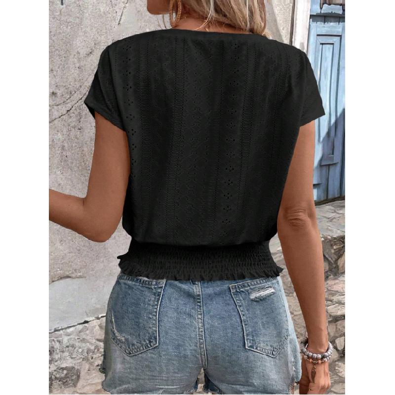 2026 Spring/Summer Jacquard Solid Color Round Neck Ruched Hollow Batwing Short Sleeve Women's T-Shirt for Commuting