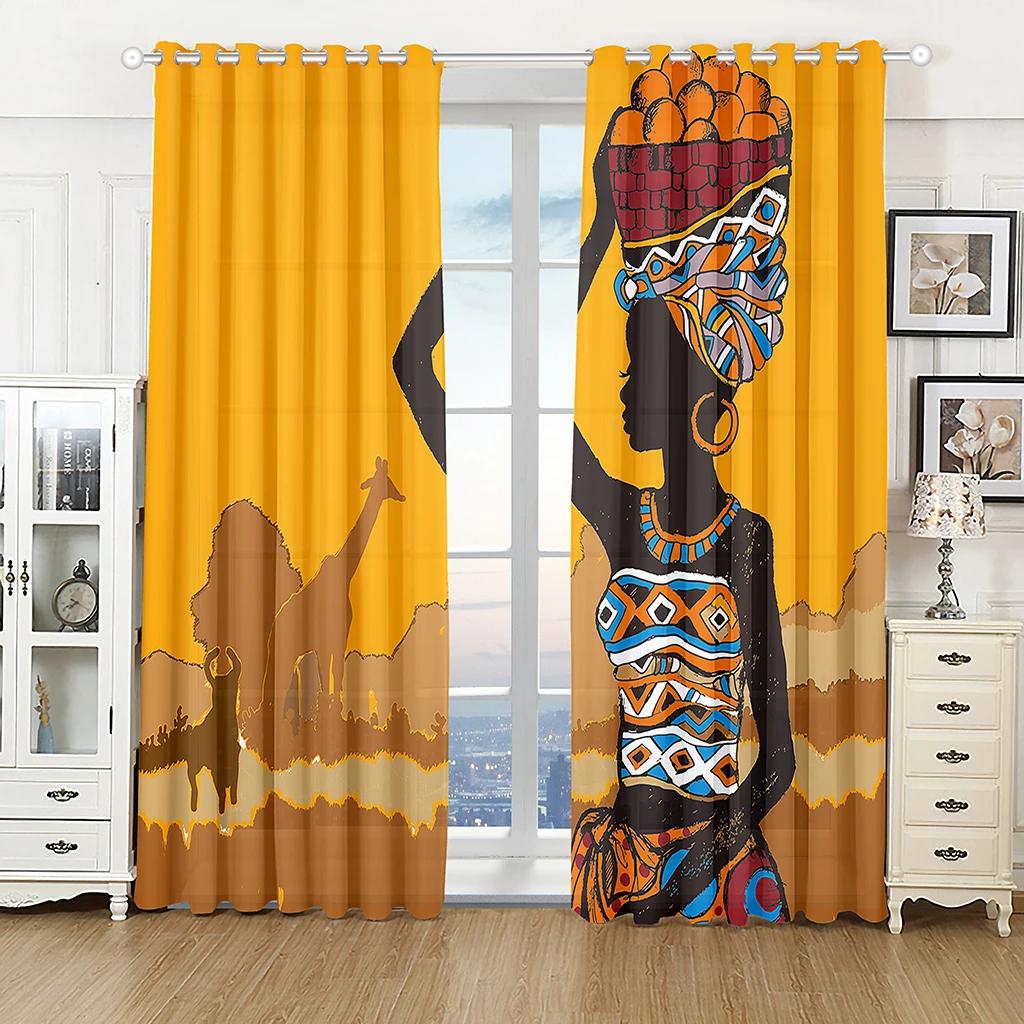 Kenya Nature Three African Woman Kitchen Curtains for Living Room Bedroom Decoration Curtains Drapes
