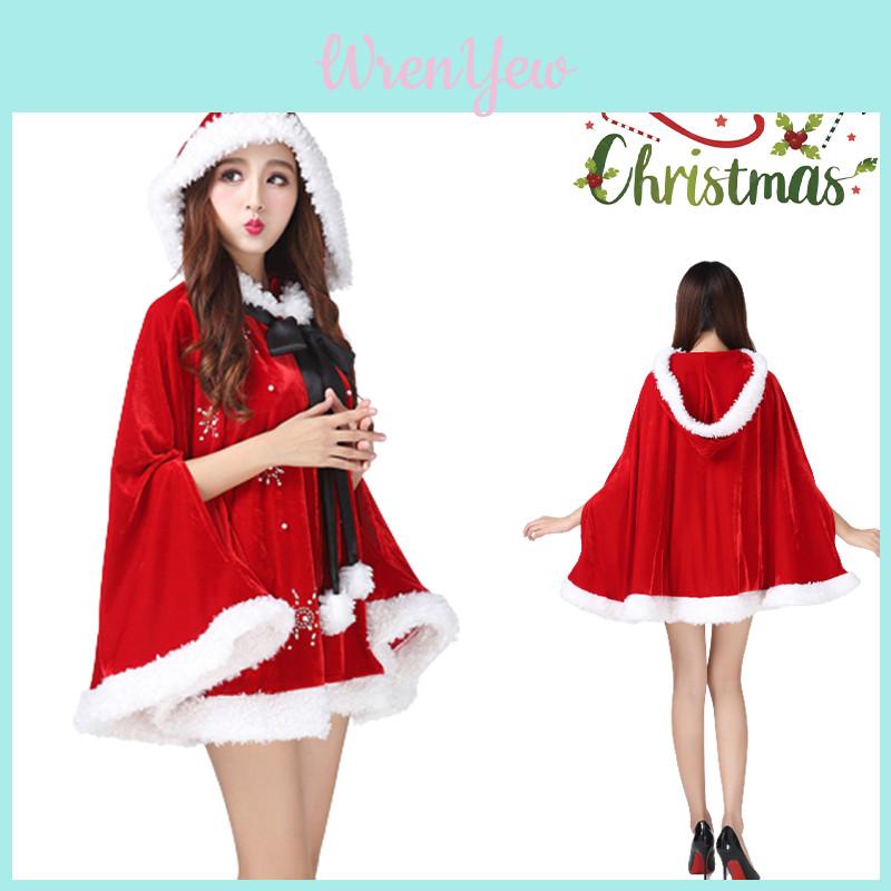 Stunning Women Christmas Red Velvet Santa Claus Cloak Cape Hooded Xmas Cosplay Costume
