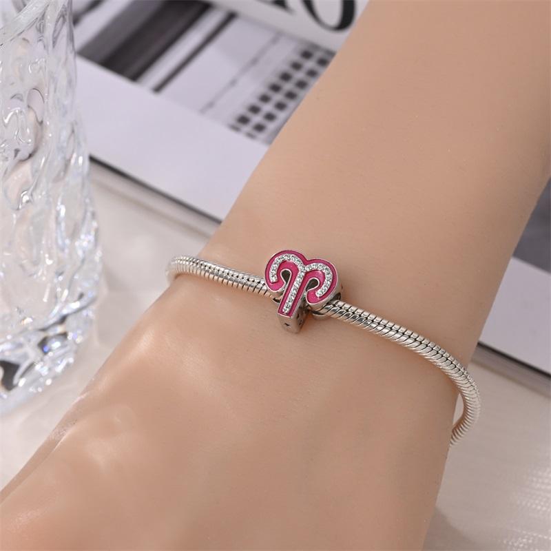 New 925 Silver Princess Pink Shining 12 Constellation Lucky Charms Beads Fit Pan Bracelets DIY Gifts Fine Jewelry