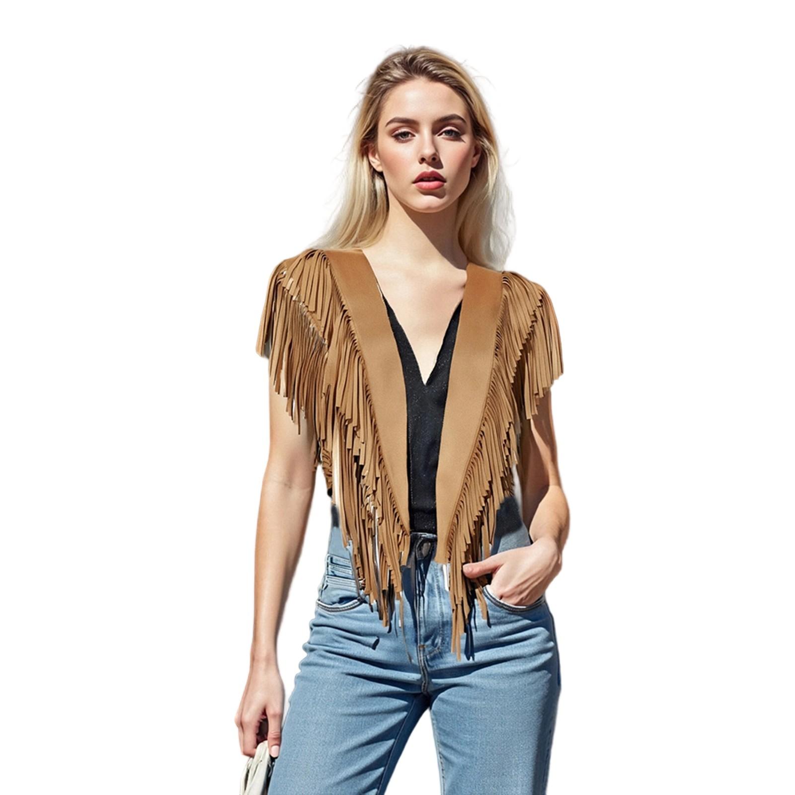 

Женский замшевый жилет с кисточками 70-х годов, хиппи-наряд, без рукавов, с открытой передней частью, жилет в западном стиле с воротником One Size верблюд