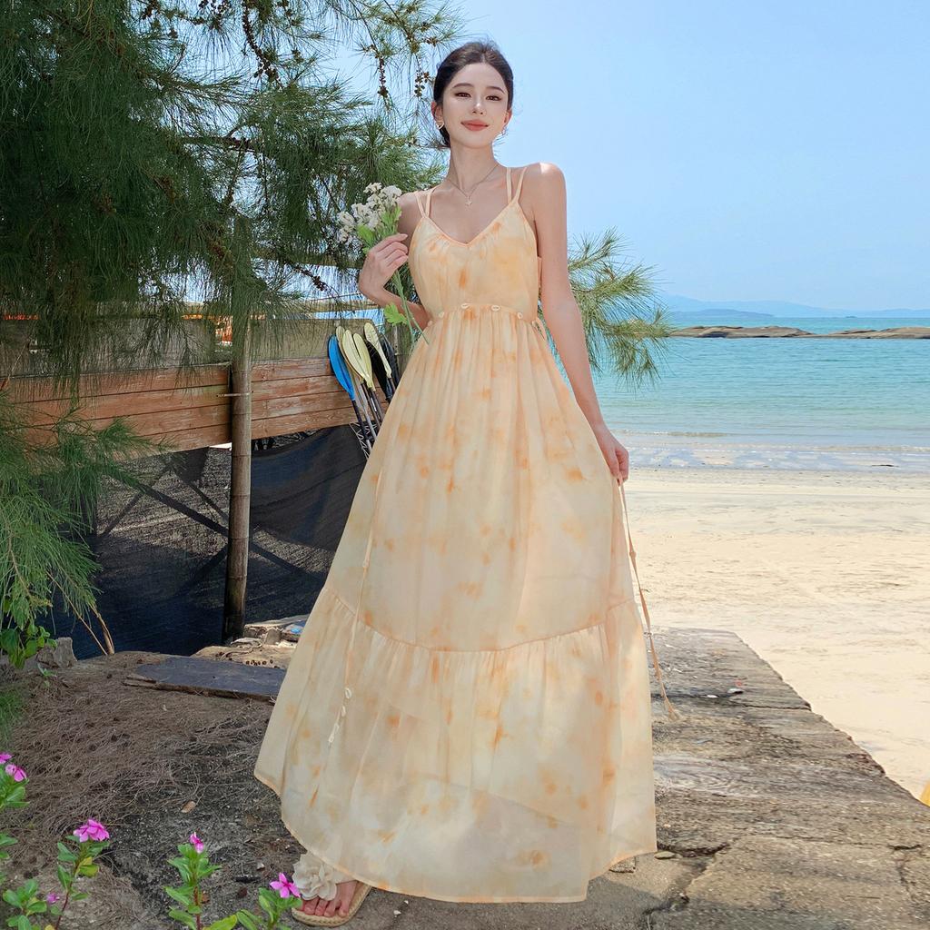 European and American New French Smudge Suspender Dress Summer Seaside Vacation Style Big Skirt Long Dress