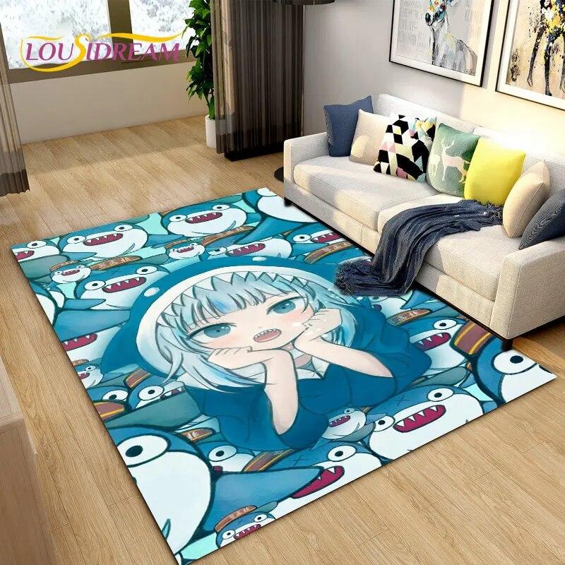 Cute Anime Gawr Gura Hololive Shark Area Rug,Carpet Rug for Living Room Bedroom Sofa Doormat Decoration, Kids Non-slip Floor Mat
