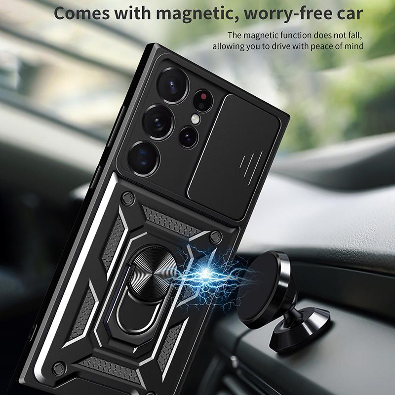 Sergeant Level Camera Sliding Window Phone Case For Samsung S25 S24 S23 S22 Ultra Plus Ring Bracket Shockproof Protective Cover