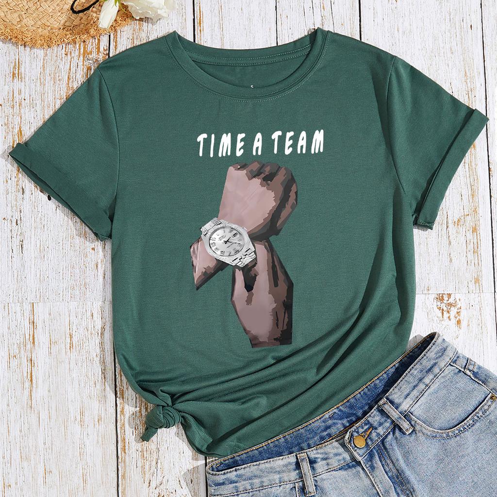 TIME A TEAM HAND Cotton T-Shirt Short Sleeve Round Neck Women 2d Print Tops
