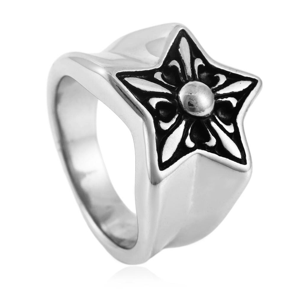 European and American Vintage Floral Embossed Pattern Titanium Steel Five-star Flower Ring Jewellery