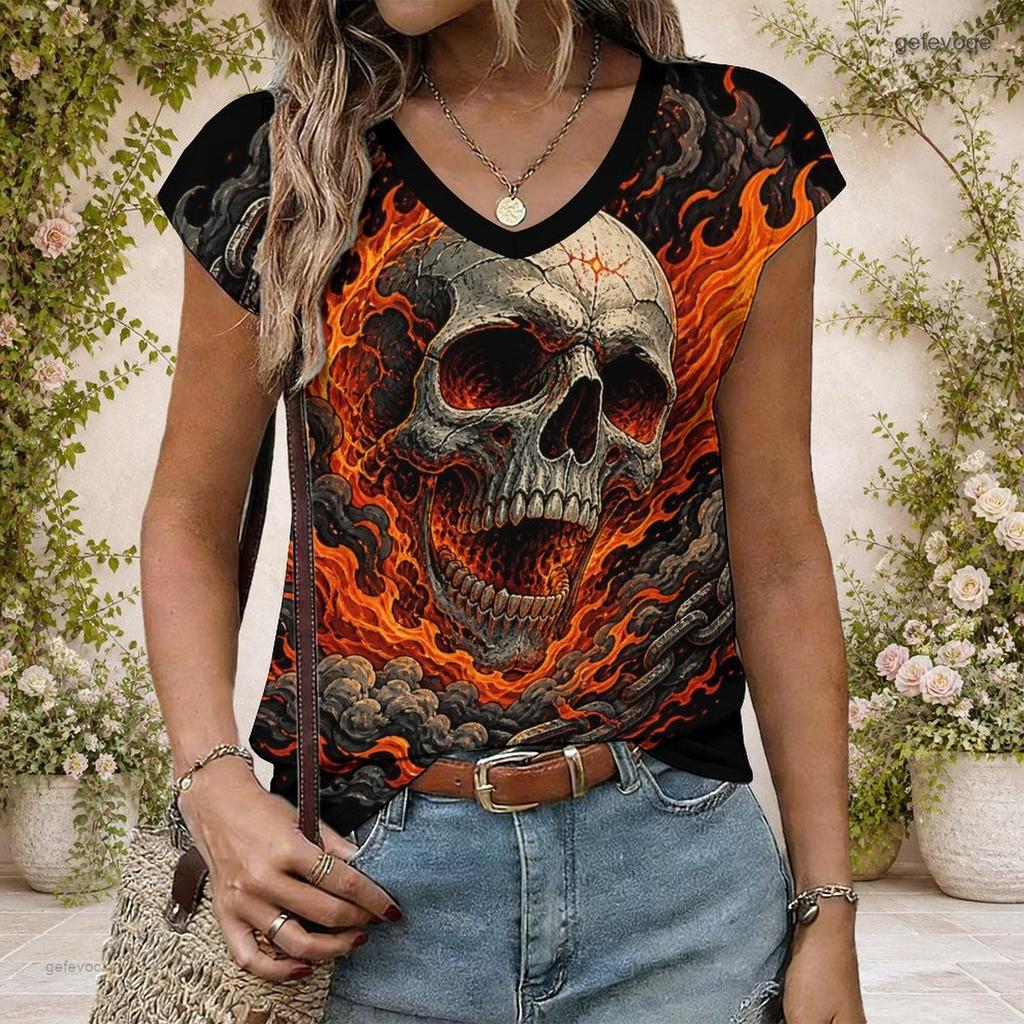 Women Plus Size V Neck Wide Short Sleeve Fire Phoenix Printed Black Straight Hem T Shirt