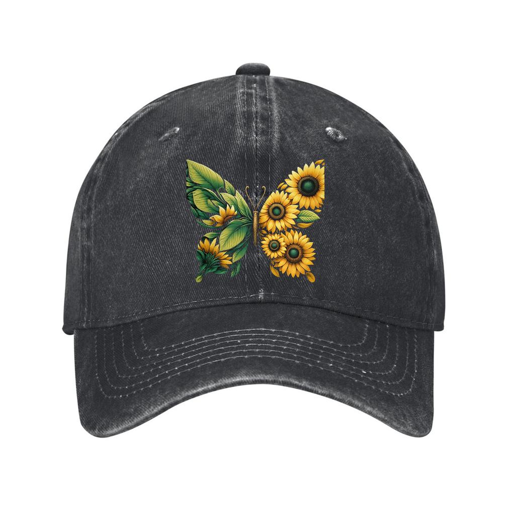 Sunflower Butterfly Print Cotton Baseball Cap Vintage Washed Dad Hat Adjustable Casual Cap