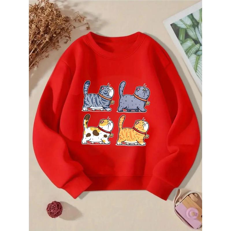 Kids Crewneck Sweatshirt, Adorable Collared Cats Graphic Print,Spring Autumn Casual Sport Tops