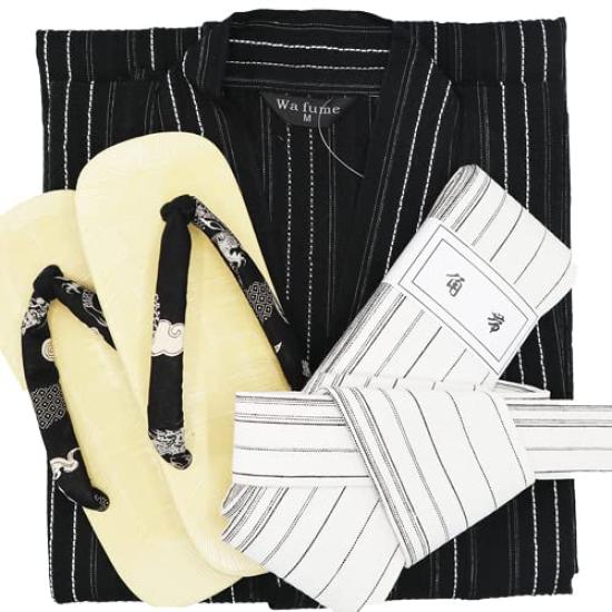 Shoji M33525N Shijira Yukata with and Set [Mitsuhashi Co., Ltd.] Men's Obi, One-Touch Obi, 2-Piece Set, 3-Piece (LL, Black)