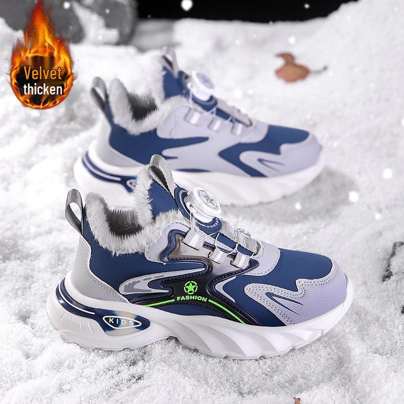 2025 Winter Boys' Leather Sports Shoes - Velvet Lined, Big Cotton, Student Running Shoes