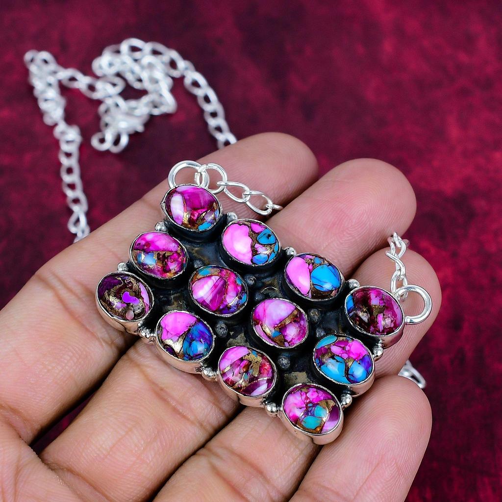 Pink Stacheliger Kupfer-Türkis Handgefertigte Edelsteinkette, 925 Sterlingsilber Massiv Kette Antikschmuck, Für Verlobungsgeschenk