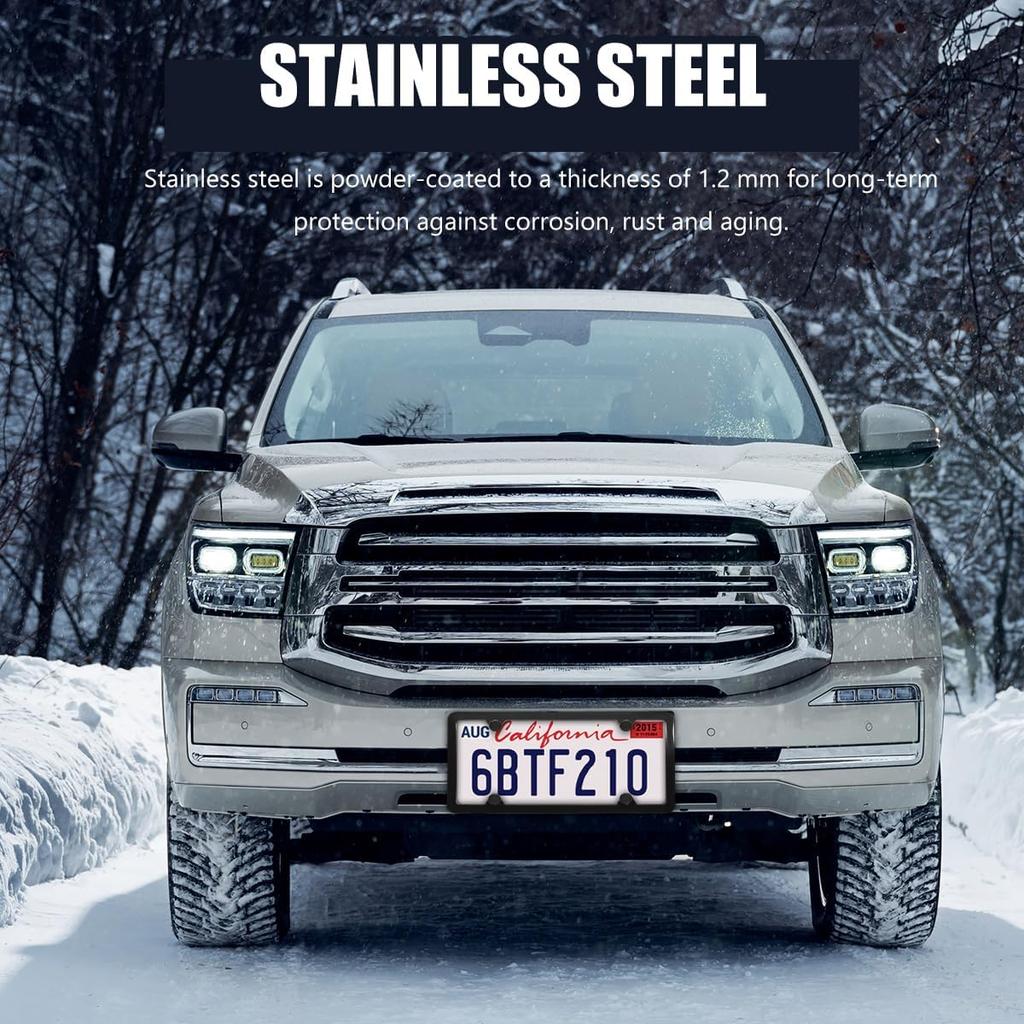 2 PCS Car License Plate Frames, 4 Holes Stainless Steel Auto Tag Holder with Screws Washers Caps, Rustproof Universal Front Rear License Plate Cover